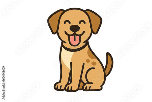 Cute happy cartoon dog sitting. Adorable puppy character smiling. Pet animal vector illustration for kids. Friendly labrador or golden retriever mascot design element.