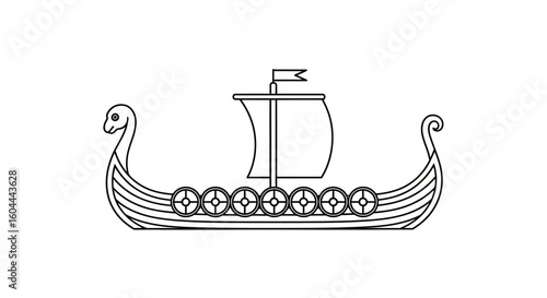 Detailed outline of a traditional viking longship with sail and decorated shields evokes seafaring heritage showcasing a minimalist line art design