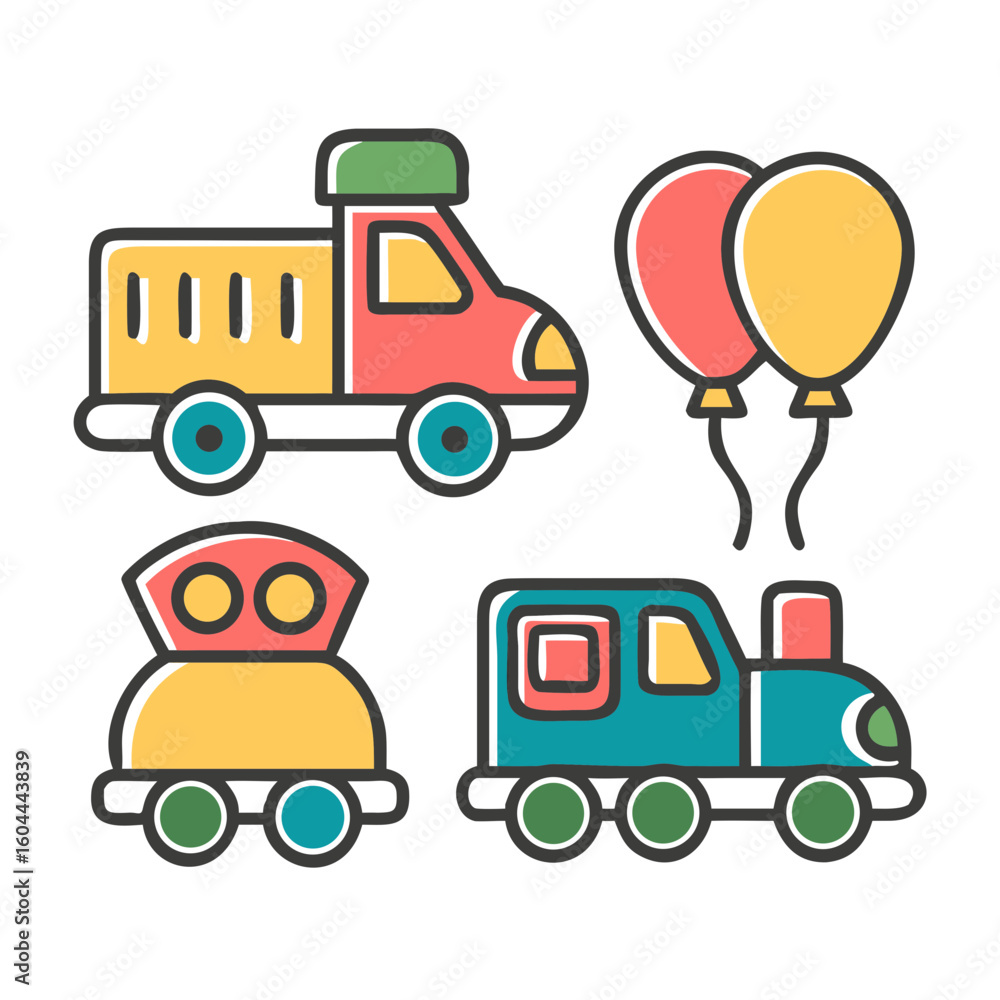 Fototapeta premium A colorful cartoon set of toy cars, trucks, and other transport vehicles