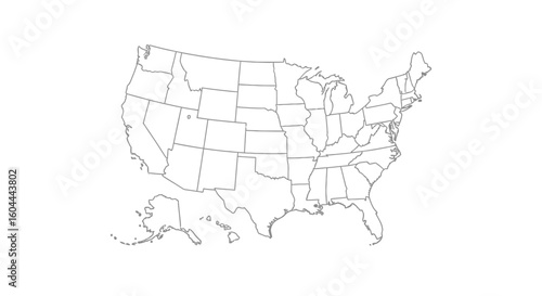 Detailed outline map of the United States of America showcasing state borders and geographic distribution presented on clear white background