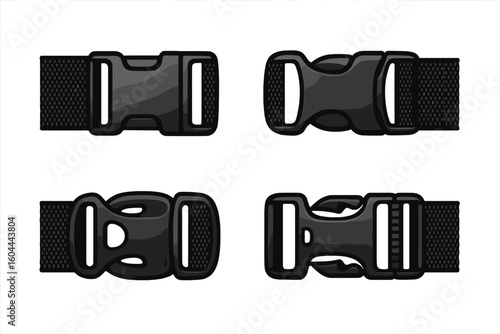 Vector set of plastic quick release buckles. Side release fastex clasp with strap for backpack and luggage. Outdoor gear and survival hardware fastener clip.