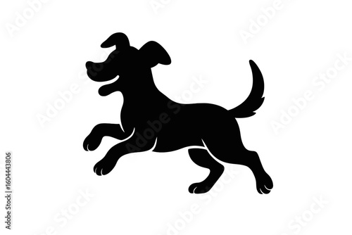 Playful dog silhouette running. Happy puppy jumping in motion. Pet animal icon. Vector graphic illustration for dog walking, pet store or vet clinic. Isolated element.