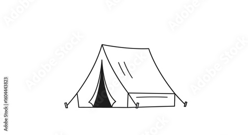 Minimalist monochrome line art illustration depicting a camping tent pitched against a white background ideal for travel designs
