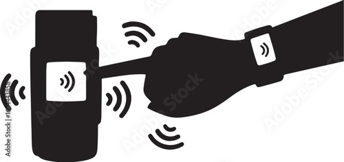 Hand touching smart device with wireless signals smartwatch