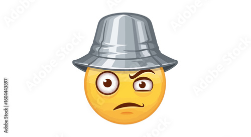 Expressive emoji wearing a silver hat with an ambiguous facial expression suitable for reaction content and digital communications