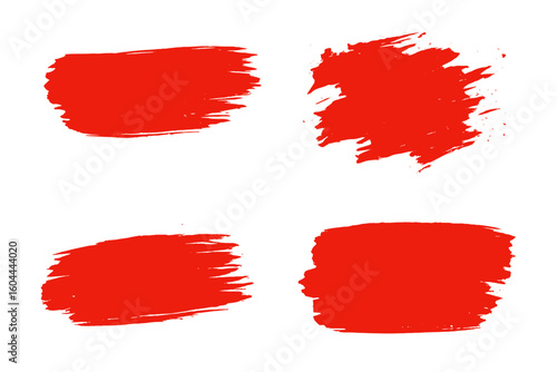 Artistic red brush stroke collection. Grunge paint splatter and ink splash set. Abstract textured background element for creative design. Vector illustration isolated.