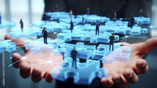Hands Holding Illuminated Puzzle Pieces With Miniature People Representing Connection Strategy and Teamwork in a Technology Concept