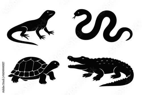 Reptile collection with lizard, snake, turtle, and crocodile. Black silhouette vector icon set. Herpetology and zoology illustration. Wildlife and nature graphic design.