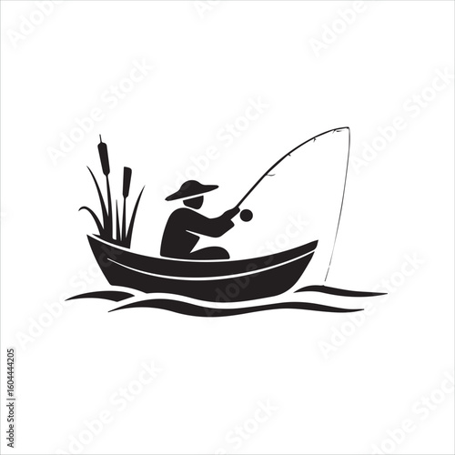 Silhouette of a person fishing from a boat with reeds