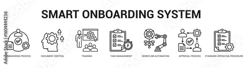 Smart Onboarding System Modern and clean web banner illustration featuring thematic icons for visual communication