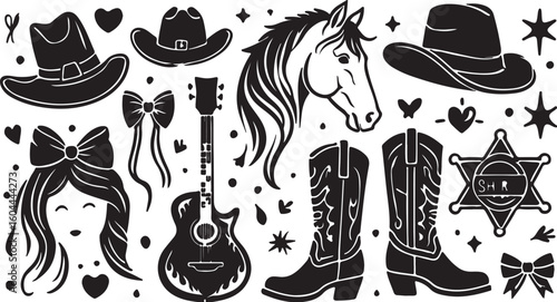 Western elements cowboy hats boots horse guitar girl sheriff star horse head acoustic guitar