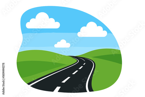 Winding road through rolling green hills under a blue sky. Summer landscape vector illustration. Concept for travel, journey, adventure, and freedom. Scenic highway path.
