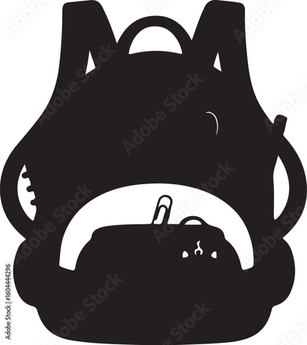 Black backpack with open compartment and contents vector