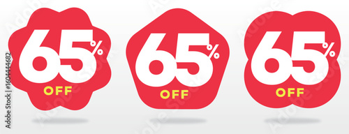 65% off, price, advertising, offer, ticker, shape, special, shop, marketing, promo, label, tag, store, red, store, retail. Vector, icon, set