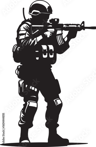 Soldier aiming rifle tactical gear helmet military weapon