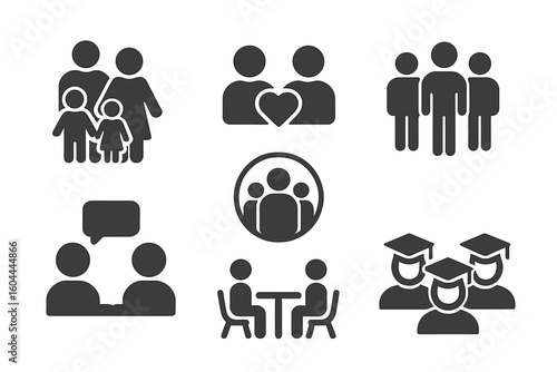 People and community icon set. Vector symbols for family, love, couple, team, group, meeting, discussion, students, education, and graduation for web and graphic design.