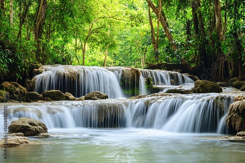 Serene waterfall cascading through lush green forest landscape in Erawan National Park, Thailand