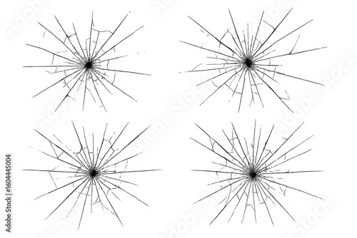 Shattered glass vector set. Cracked window from bullet hole impact. Broken glass texture effect. Realistic destruction, damage, and vandalism concept illustration element.
