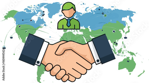 Create a Hand shaking with human icon on world map for worldwide business deal agreement and partnership collaboration around the world concept. vector art with white background.