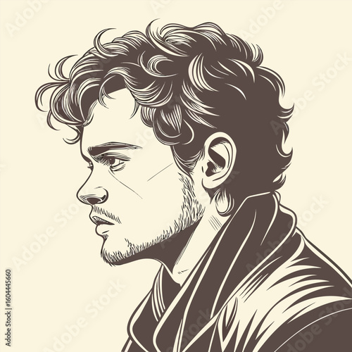 handsome fashion illustration of a man's face with flowing hair, a stylish silhouette, and captivating eyes, a true work of art and design