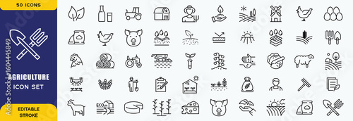 Set of 50 outline icons related to agriculture. Linear icon collection. Editable stroke. Vector illustration