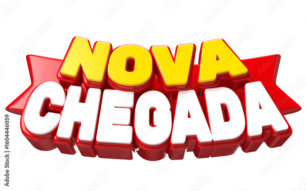 Fototapeta premium Texto 3D NOVA CHEGADA com banner vermelho, ideal para lançamentos de produtos