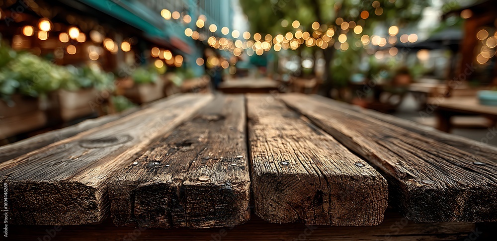 Fototapeta premium Rustic wooden table in front of a blurred background with bokeh string lights