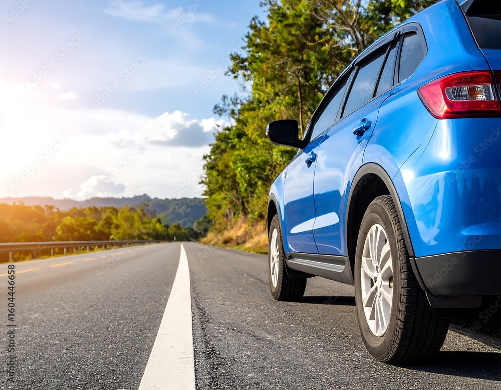 Fototapeta premium Blue SUV on a sunny road