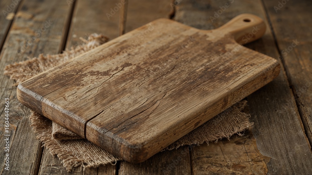 Fototapeta premium Empty old-fashioned cutting board atop timber background for food