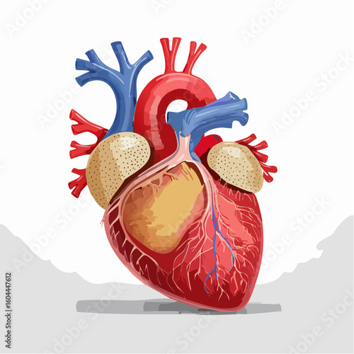 Detailed anatomical vector illustration of the human heart, isolated on a white background for medical study and education.