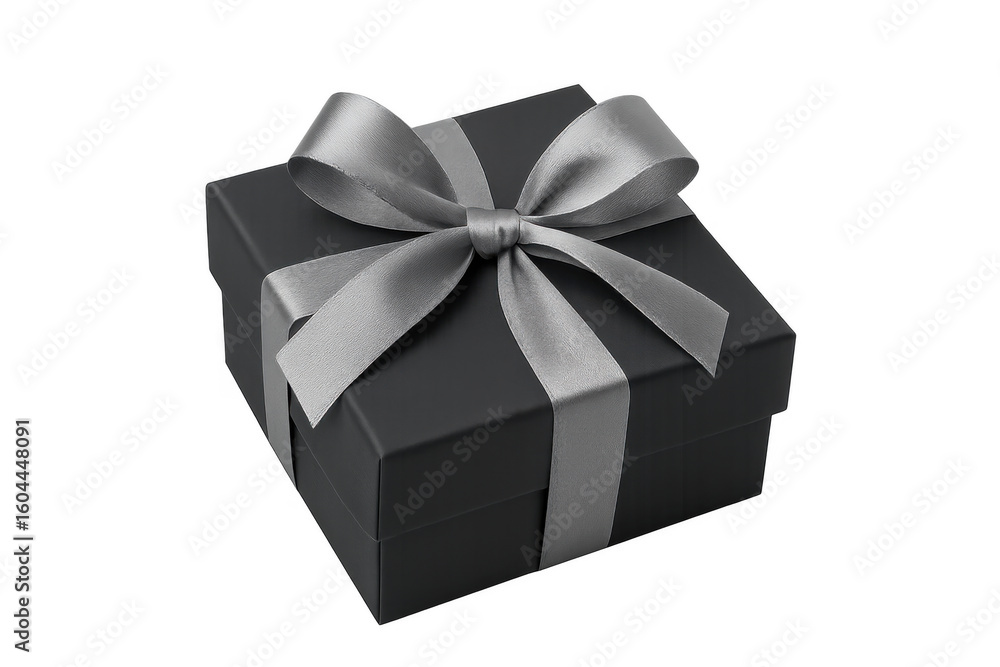 Fototapeta premium Elegant black gift box wrapped with a silver ribbon, perfect for special occasions, with transparent background