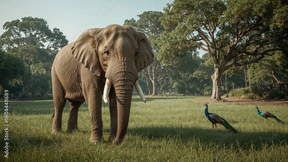 Obraz premium Large elephant accompanied by peacocks in an animal sanctuary