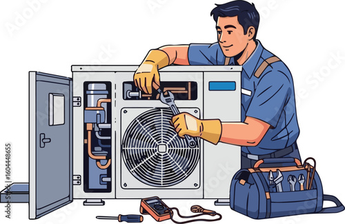 Create a Hispanic HVAC Technician Repairs Heat Pump vector art with white background .