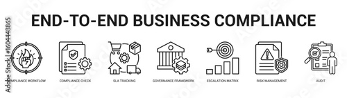 EndtoEnd Business Compliance Modern and clean web banner illustration featuring thematic icons for visual communication