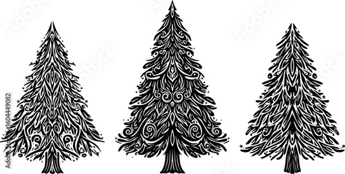 three christmas trees, black and white, minimalist background, monochrome illustration
