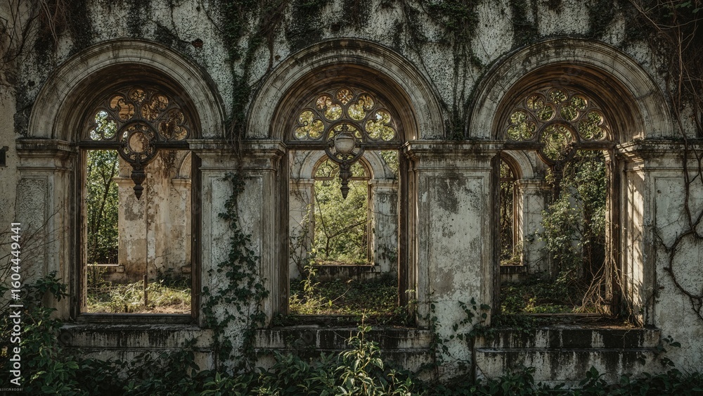 Obraz premium Desolate ancient construction displaying fractured arched window frames.
