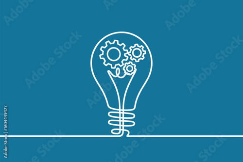 A single line drawing of a lightbulb with gears inside on a blue background and a horizontal line below