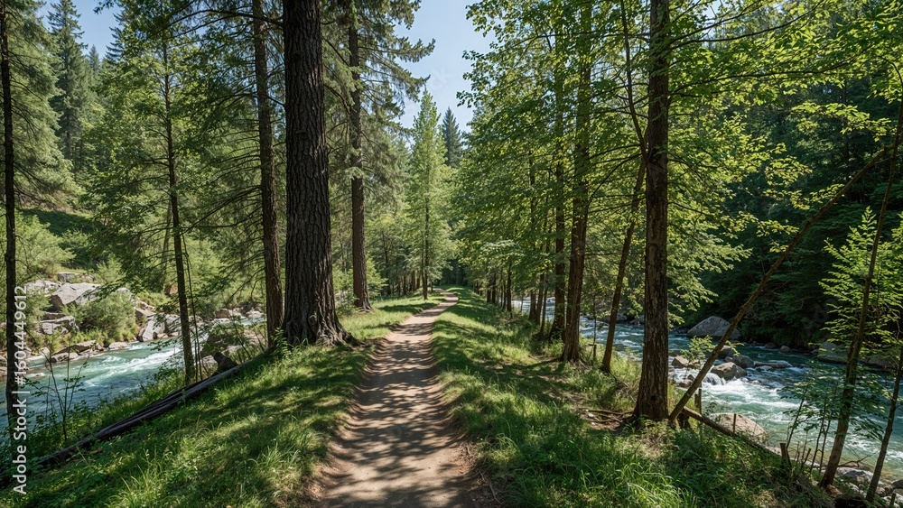 Fototapeta premium Green forest path beside river and rocks on an eco trail