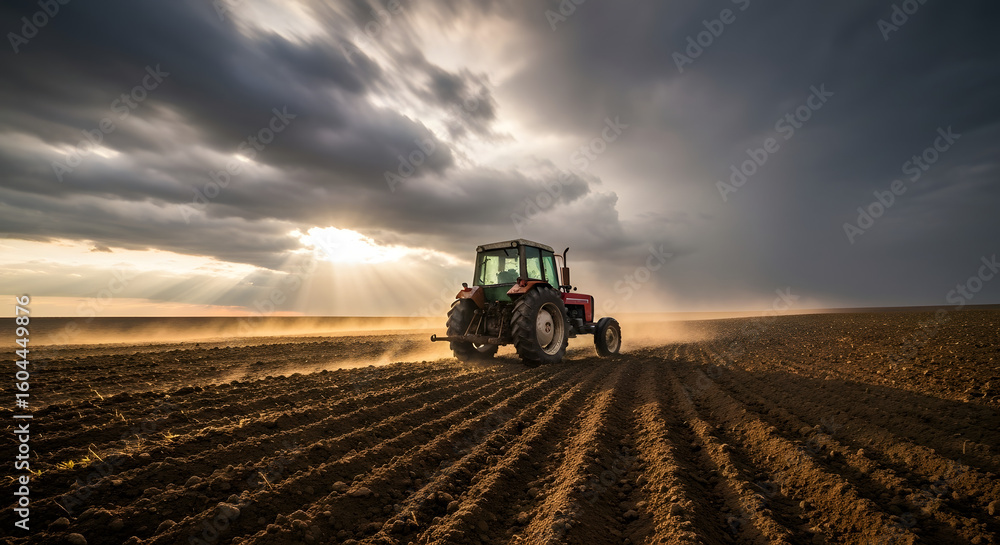 Obraz premium Lone Tractor on Stormy Furrowed Farmland at Twilight