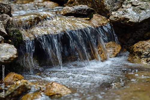 Serene waterfall cascade flowing over rocks creating a peaceful nature scene and clear water