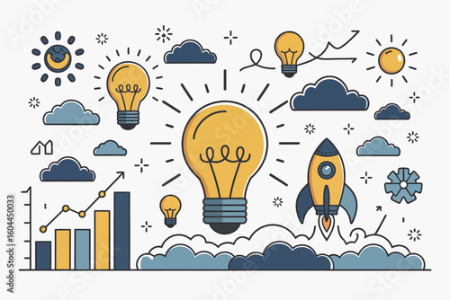 Illustration featuring light bulbs, rocket, clouds, sun, moon, and a graph showing growth trends