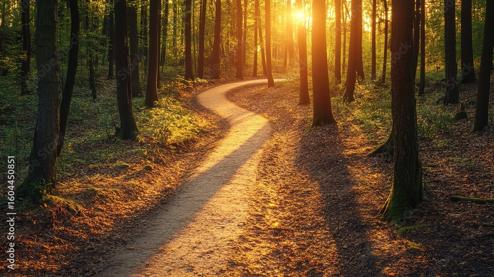 Fototapeta premium A winding forest path illuminated by the warm glow of the setting sun, surrounded by tall trees and leafy undergrowth.