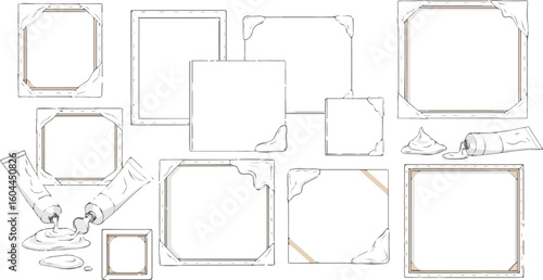 Create a kinds of deferent frame, picture, photo, border, deco art with white background.