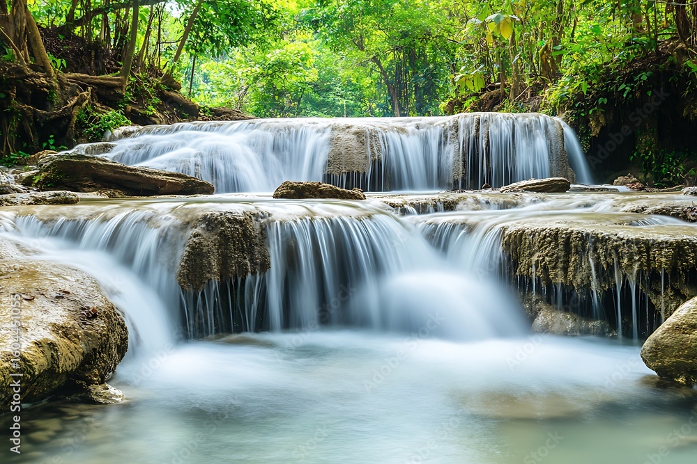 Fototapeta premium Serene waterfall cascading through lush green forest, creating a tranquil nature scene in Thailand