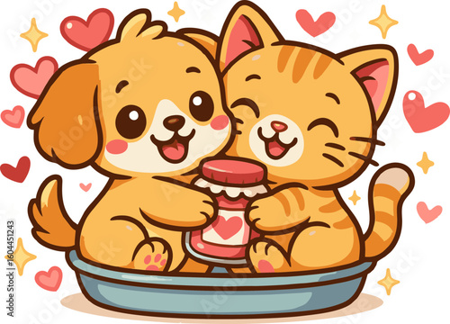 Cute kawaii kitten and puppy hugging a jar - vector illustration. Perfect for children's design, cards, stickers and holiday packaging.
