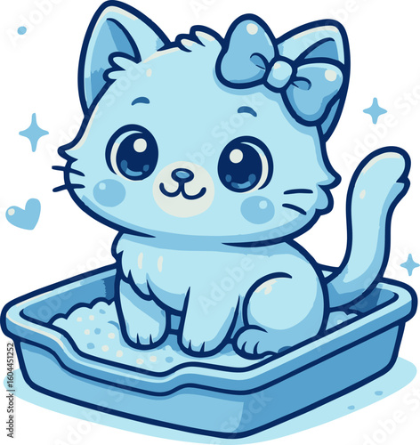 Kawaii kitten in a litter box is a cute vector illustration. Perfect for illustrations on the topic of pets, pet care, as well as children's products, packaging and stickers.