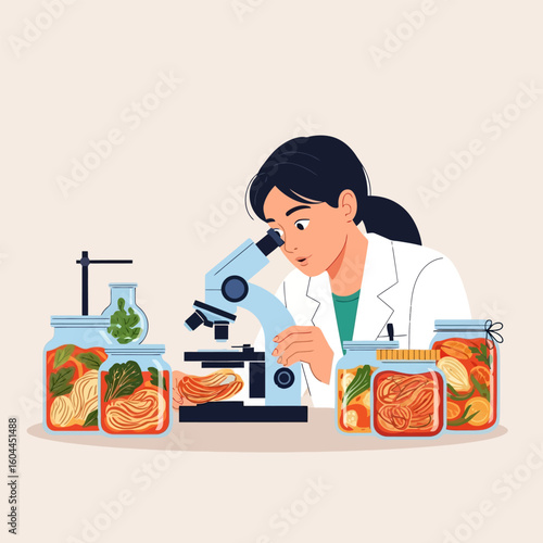 Scientist Analyzing Fermented Food with Microscope in Laboratory Setting
