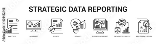 Strategic Data Reporting Modern and clean web banner illustration featuring thematic icons for visual communication