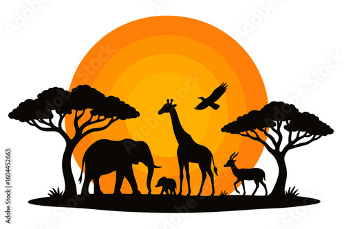 Majestic African safari silhouette with elephant mother and calf, towering giraffe, antelope, soaring eagle and acacia trees under vivid savanna sunset gradient illustration