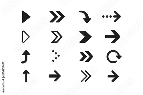 Arrow icons vector set collection. Navigation UI interface buttons directions symbols. Black arrows chevron cursor pointer play forward back refresh designs transparent background
